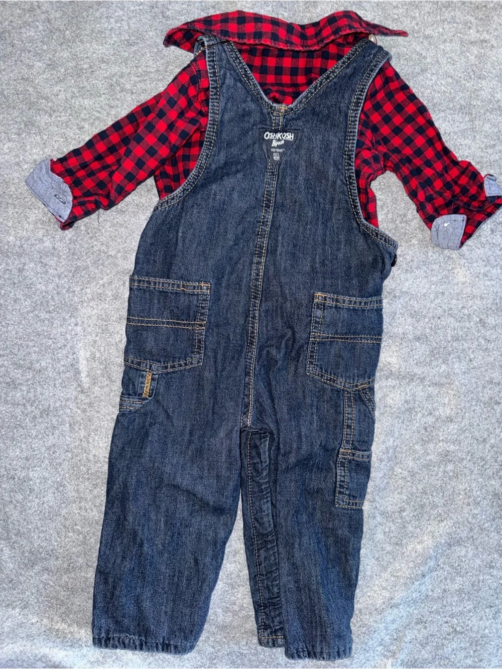 OshKosh B'gosh Dark Blue Denim Overalls with Red Plaid Shirt